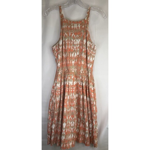 Calvin Klein Women’s Fit & Flare Dress Sz 8 Coral Tan White Abstract Print - Picture 1 of 5
